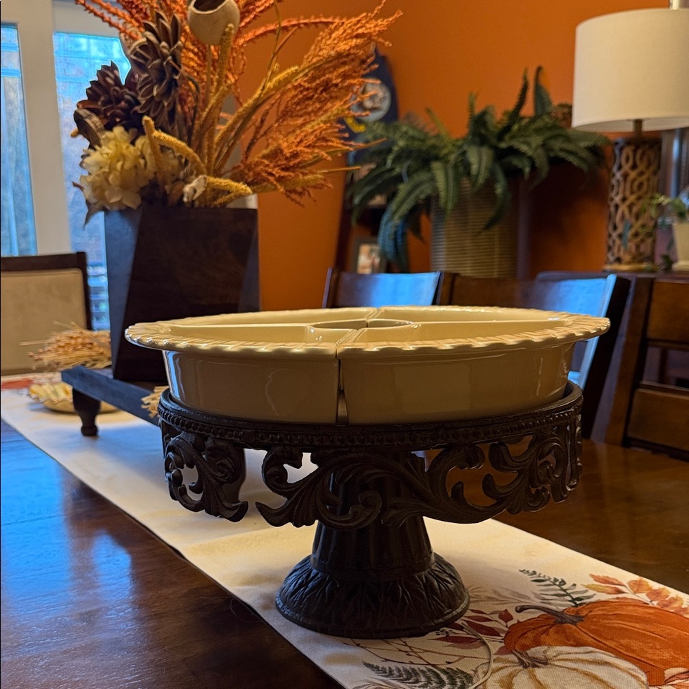Classic Cream Ceramic Serving Dish with Ornate Stand